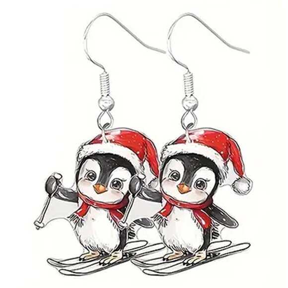 Penguin Ski Christmas Holiday Earrings - Picture 2 of 2